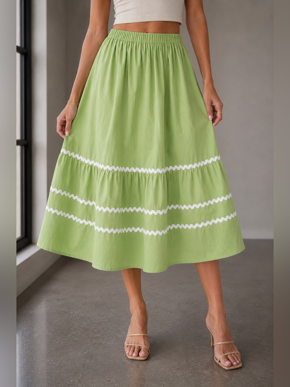 261. Light Green Tiered Midi Skirt with White Trim - Picture 2 of 3